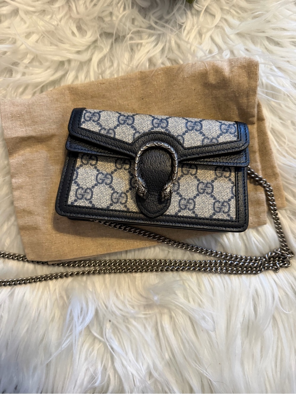 Gucci Blue GG Canvas and Black Leather Dionysus Crossbody Bag